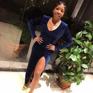 Navy evening gown; velvet with small shoulder pads